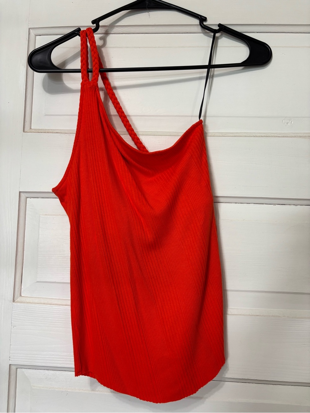 Braided-Strap Ribbed Tank Top in Bright Red